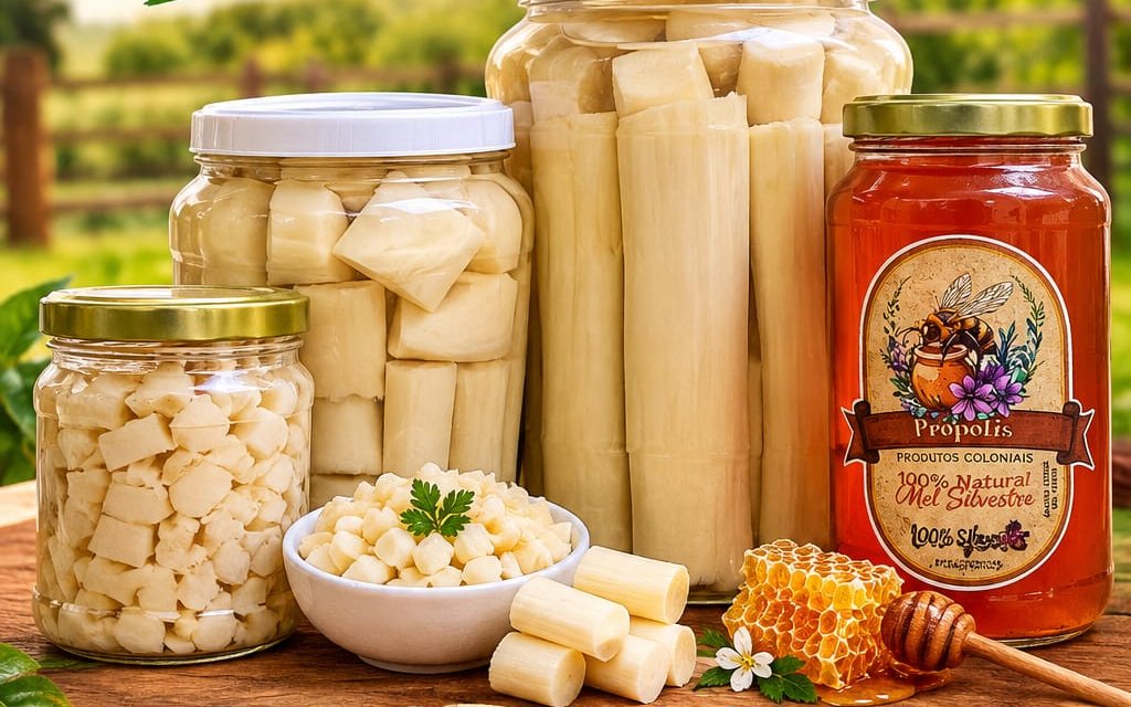Potes de palmito em conserva e pote de mel silvestre sobre mesa de madeira